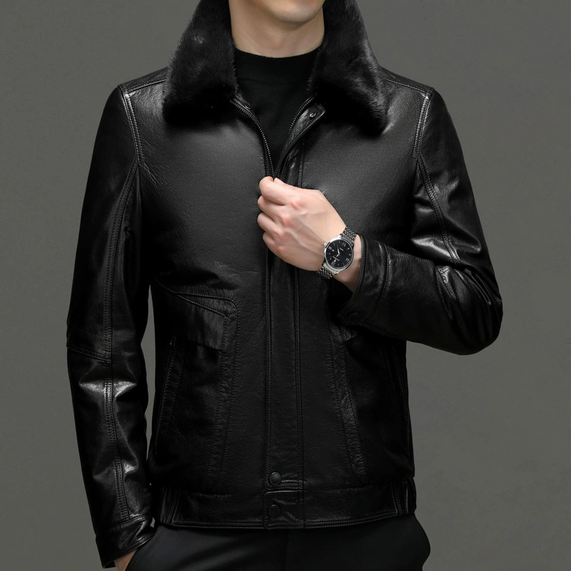 Leather winter removable liner with down, jacket, cowhide, genuine leather, feather stuffing