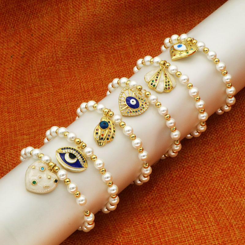 17g Weight 18K Gold Plated Plating Material Copper Pendant Material Zircon Inlay Material Simple Style Devil's Eye Heart Shape Imitation Pearl Copper Zircon 18K Gold Plated Women's Bracelets