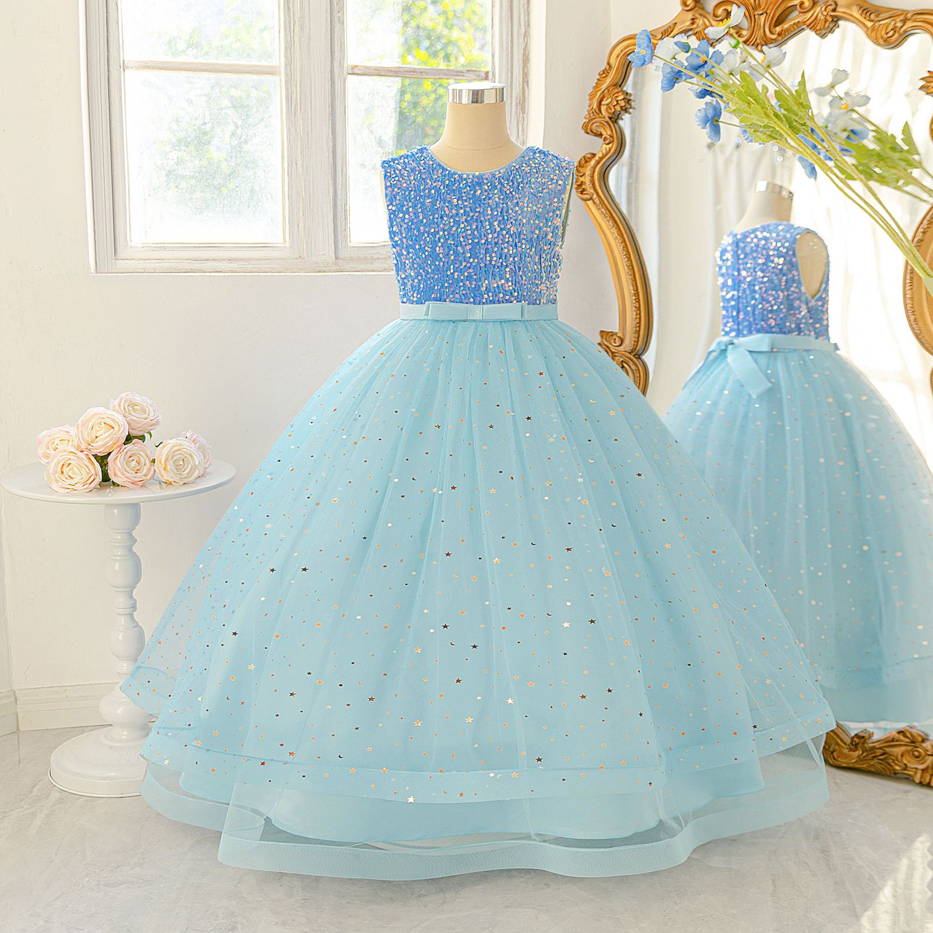 Vestido de Noche de Moda con Lentejuelas para Niñas, Colección Primavera/Verano 2026, Vestido de Princesa con Malla Abullonada para Actuaciones de Piano, Traje de Gala