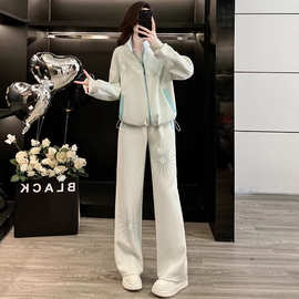 2026超火巨好看的浅绿色休闲运动套装女春秋时尚卫衣阔腿裤两件套