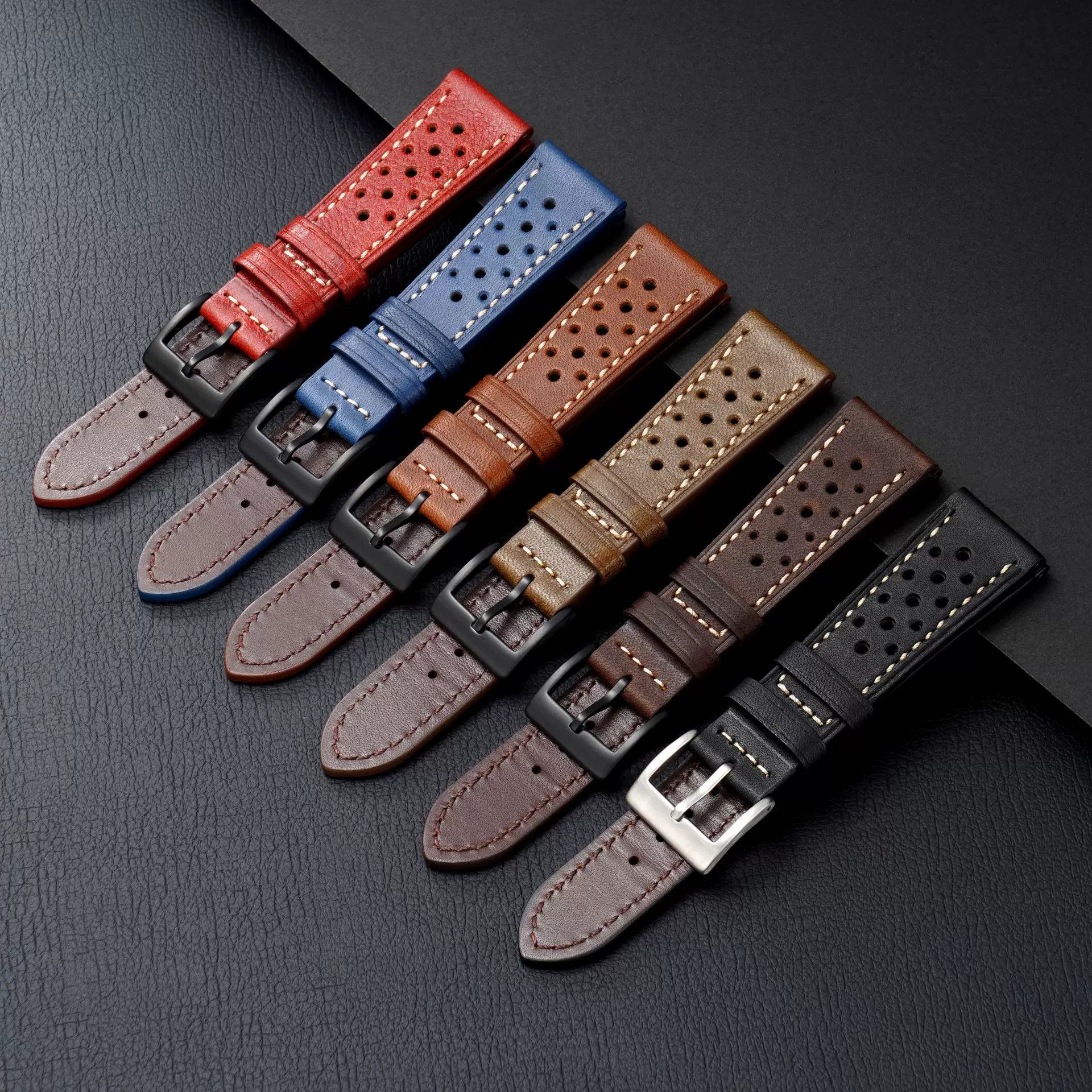新品复古油珠花孔头层真皮手表表带适用男女手表带针扣跨境品配件