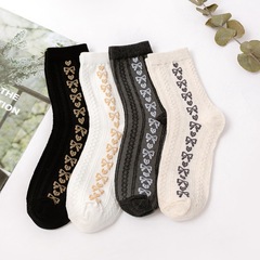 Knit Kids Love Heart Bowknot Ribbed Full Cotton Women's Mid-Calf Socks Fresh Matchable Cotton Socks
