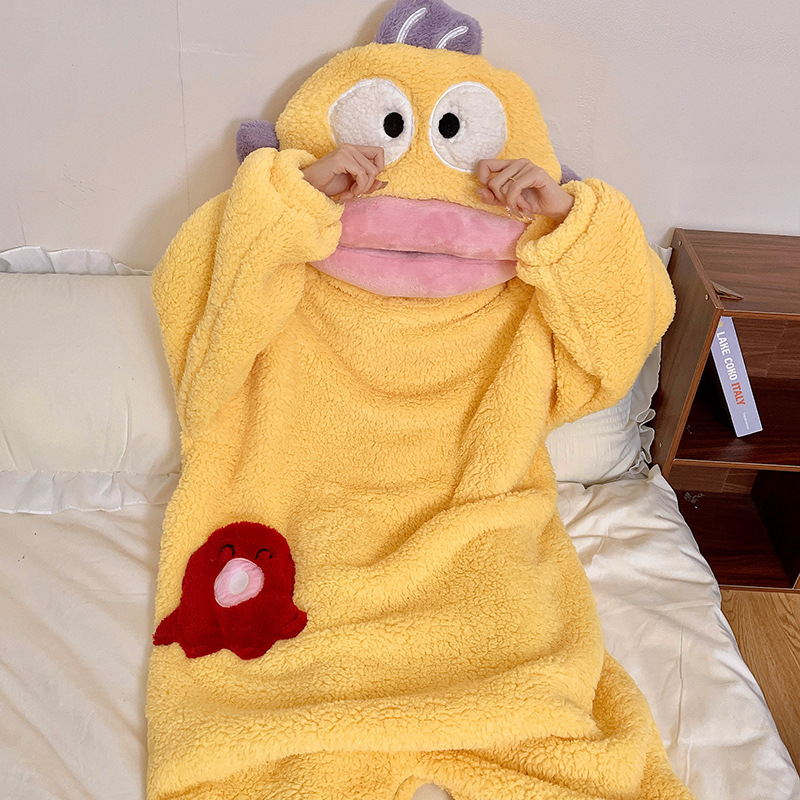 Ugly Fish One-Piece Pajamas for Women, Coral Velvet Thickeneded and Warm, Autumn and Winter Cartoon Big-Mouthed Fish Funny Pajamas for Men, Home Clothes