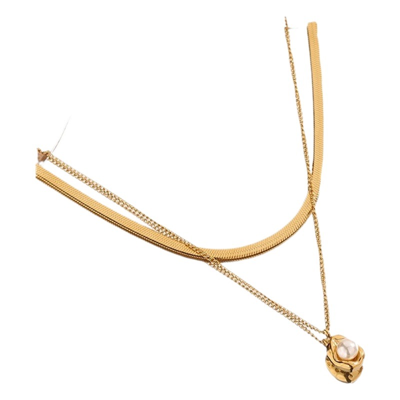 Acero de titanio apilado irregular perla tazón frijol Cadena de clavícula hembra de doble capa nicho viento frío mano perla Cadena de clavícula