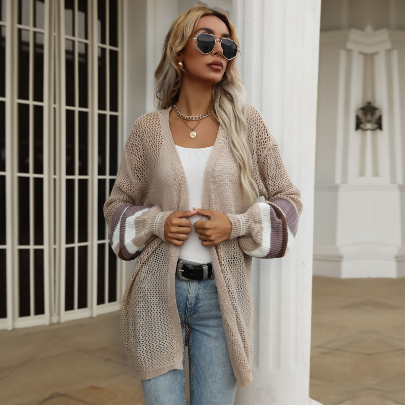 【Bai Fen Zhi Yi】Amazon Autumn European and American Style Knitted Color-Block Loose Hollow Mesh Breathable Sweater Jacket for Women