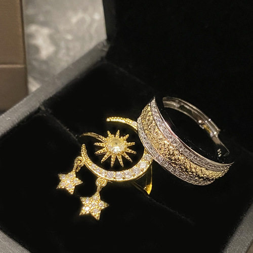 Versa Japanese light luxury sun, moon and star language index finger ring gold-plated micro-zirconia simple ins fashion live mouth ring