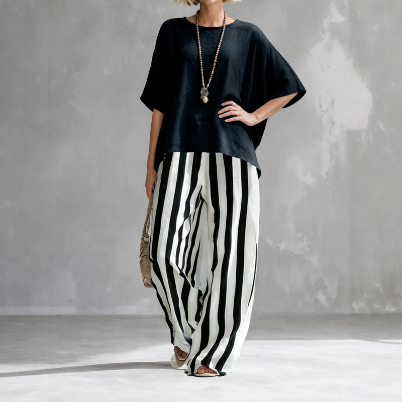 2026 Amazon European and American Cross-Border Women's Clothing Spring and Summer Loose Cotton and Linen Mid-Sleeve T-Shirt Cape-Style Casual Suit