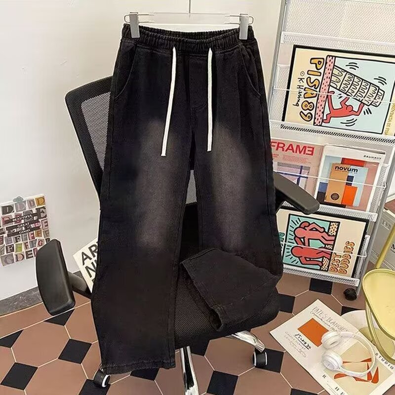 American High Street Style Washed Vintage Jeans for Men, Elastic Waist Straight-Leg Pants, Trendy Cool Casual Wide-Leg Long Pants