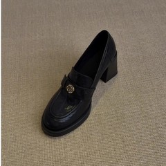 K500经典不过时~7.5cm静音底/山茶花乐福鞋女粗高跟单鞋现货