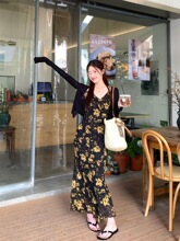 时尚气质套装黑色无袖背心女夏季高腰碎花包臀裙半身裙长裙两件套