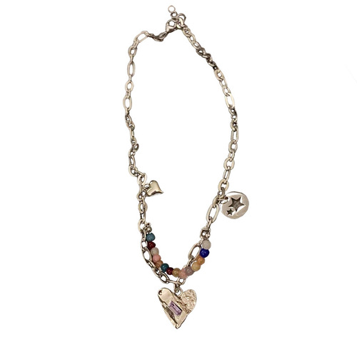 Sweet and Spicy Heart Link Necklace for Women, Ins-Inspired Unique Design, Colorful Bead Lockchain, Versatile Fashion Accessory