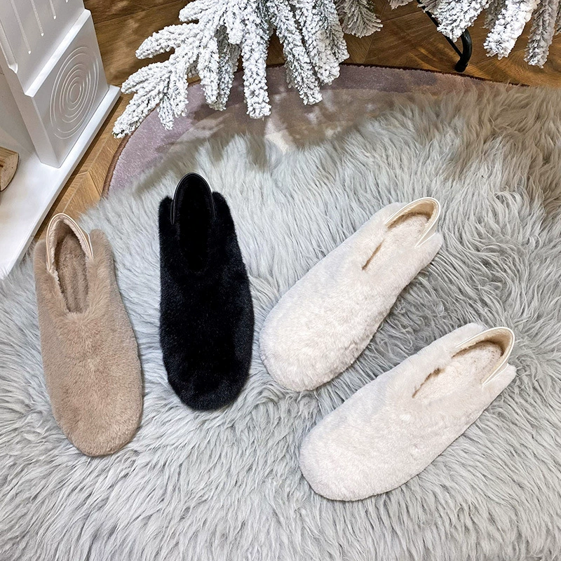 Зимние женские плюшевые меховые туфли, для улицы, повседневные, без застежек, однотонные, на плоской подошве, с хлопковой подкладкой, большие размеры