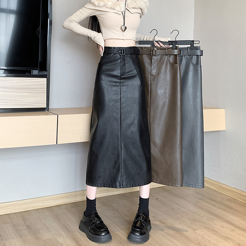 Coffee-Colored High-Waisted Pu Leather Skirt for Women, 2026 Autumn and Winter New Style, Slimming Slit Design, Elegant Bodycon Black Long Skirt
