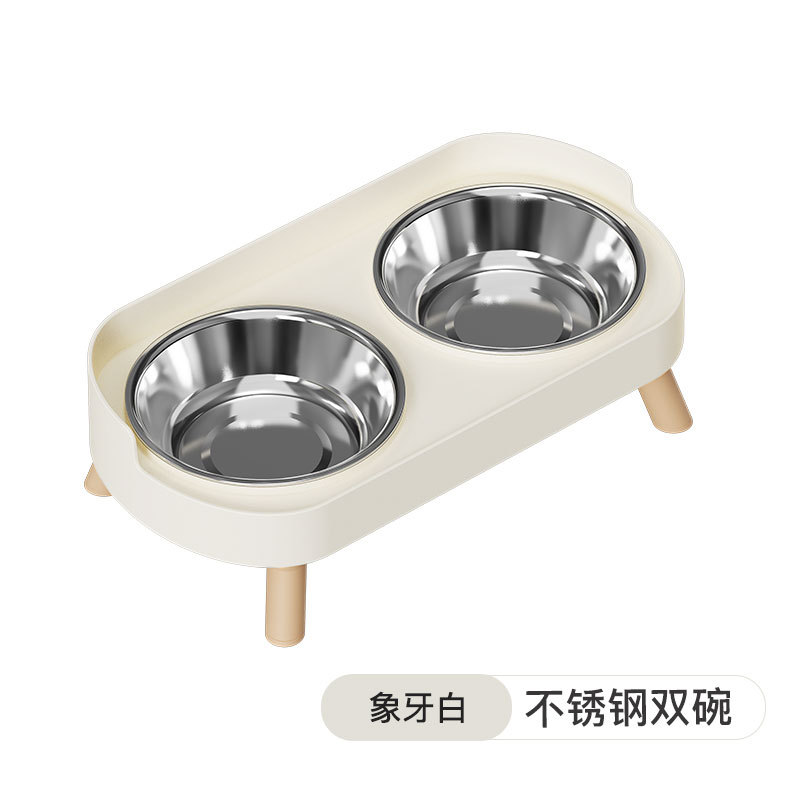 Tazón de comida para mascotas Tazón de acero inoxidable integrado con agua y comida Tazón doble para mascotas anti-volteo Tazón doble para proteger la columna cervical Alimentación de mascotas Tazón doble
