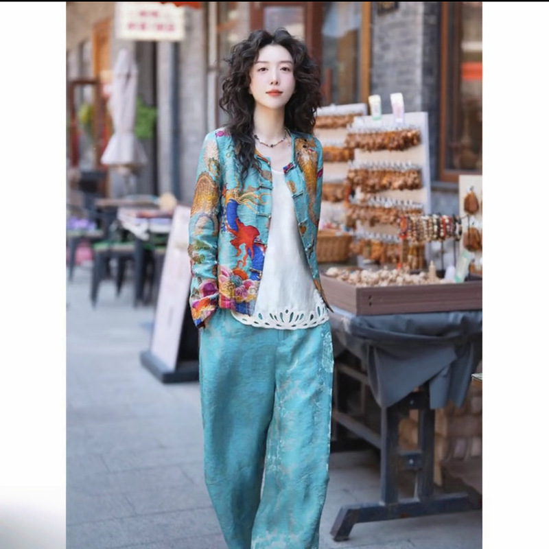 2026 Summer New Style Chinese-style Buttoned National-style Printed Sunscreen Short Jacket + Jacquard Cropped Wide-leg Pants Two-piece Set 2026 Summer New Style Chinese-style Buttoned National-style Printed Sunscreen Short Jacket + Jacquard Cropped Wide-leg Pants Two-piece Set