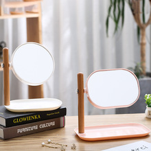 木質台式化妝鏡北歐簡約卧室桌面收納鏡雙面便攜可旋轉學生梳妝鏡