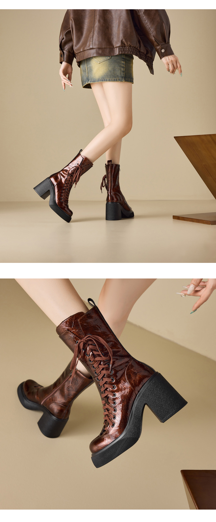 Boot nữ cổ ngắn đế dày 10 cm dây buộc mũi tròn khóa kéo bên — nhung đen chi tiết 4