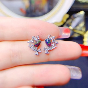 New natural opal earrings S925 silver inlaid main stone 4*6mm Joker net red explosions women's jewelry wholesale