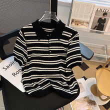 短袖T恤女2025夏季新款胖妹妹设计感冰丝针织衫条纹上衣