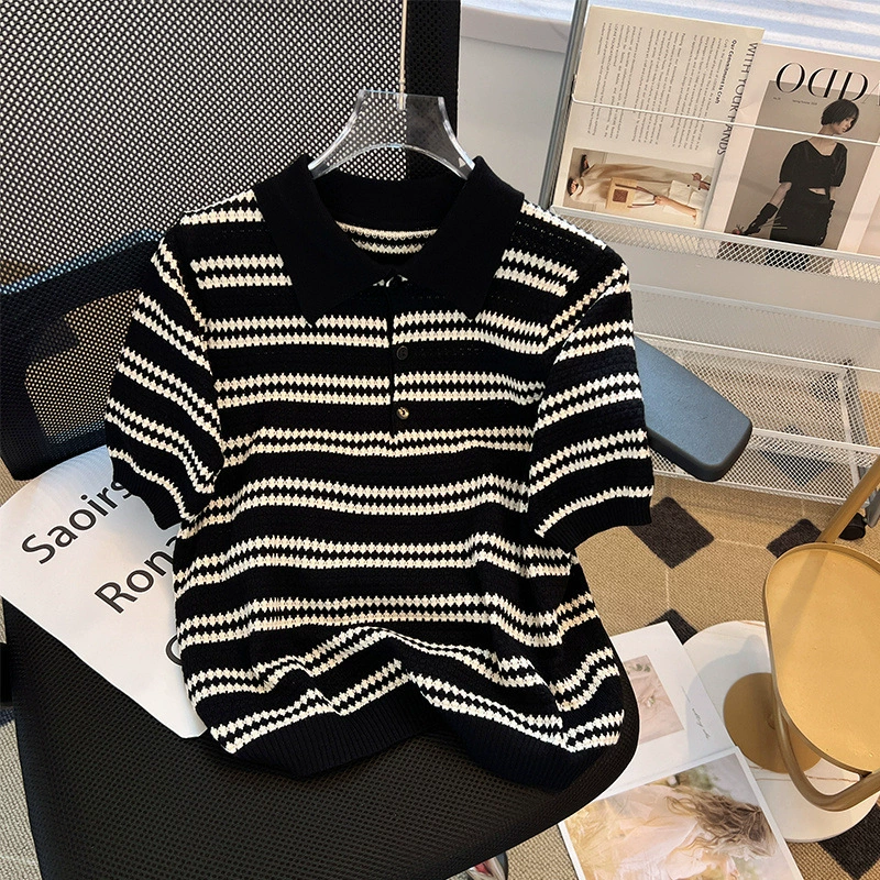 Футболка с короткими рукавами женская 2025 новый летний толстая сестра дизайн чувство ледяной шелковый свитер в полоску топ