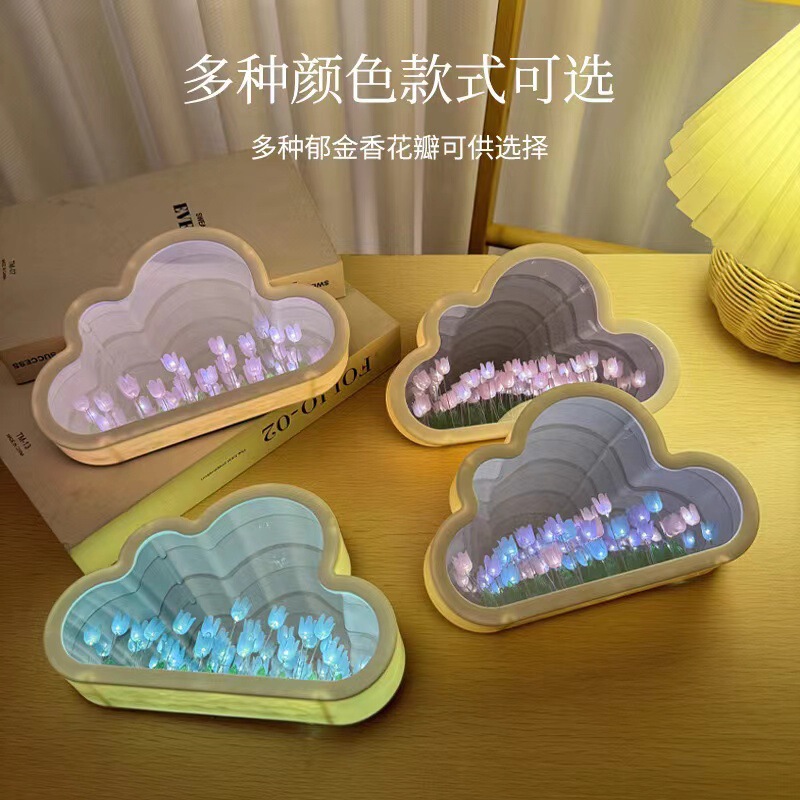 创意魔方郁金香小夜灯手工diy花海氛围灯亚克力镜子立体摆件礼品|undefined