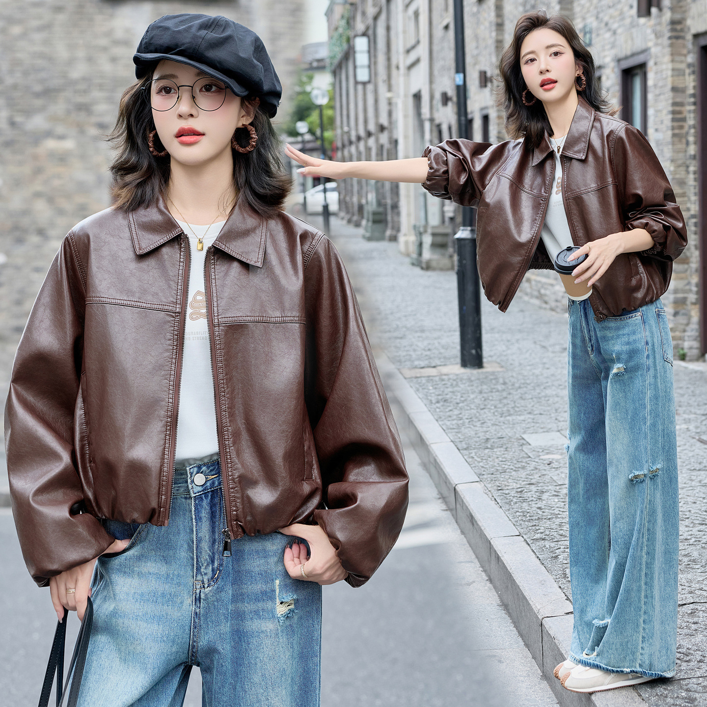 Imported Oil Wax Goatskin Genuine Leather Jacket for Women 2025 Autumn New Bat Sleeve Short Jacket Loose Lapel