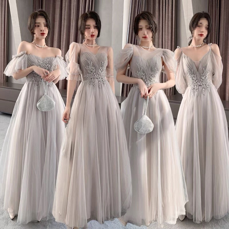 Gray Bridesmaid Dress New Style Slimming Fairy Sister Group Evening Dress Skirt Women's Spring and Autumn Long Style