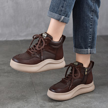 运动风高帮系带休闲鞋真皮女鞋2025秋季新款轻便松糕跟厚底短靴女