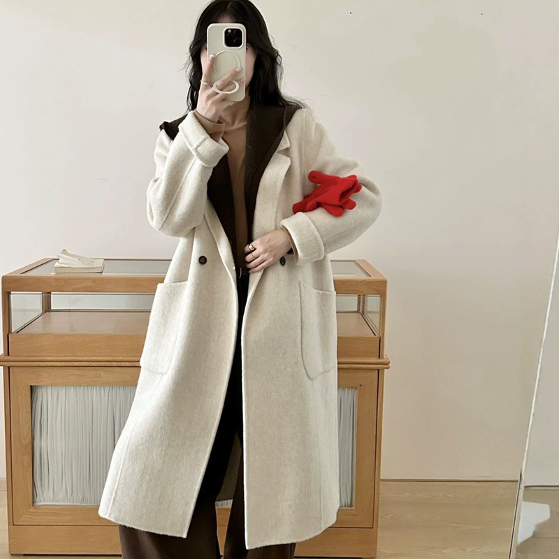2026 Autumn/Winter New Double-Sided Wool Cashmere Coat with Long Knitted Scarf and Hood, Korean Style Loose Elegant Coat 2026 Autumn/Winter New Double-Sided Wool Cashmere Coat with Long Knitted Scarf and Hood, Korean Style Loose Elegant Coat