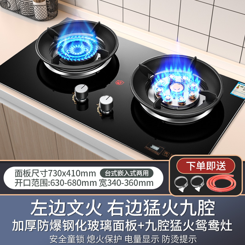 Gran potencia de fuego al por mayor, nueve pistolas, estufa de gas de fuego feroz, estufa doble doméstica, estufa de gas de doble uso integrada, estufa doble de gas natural