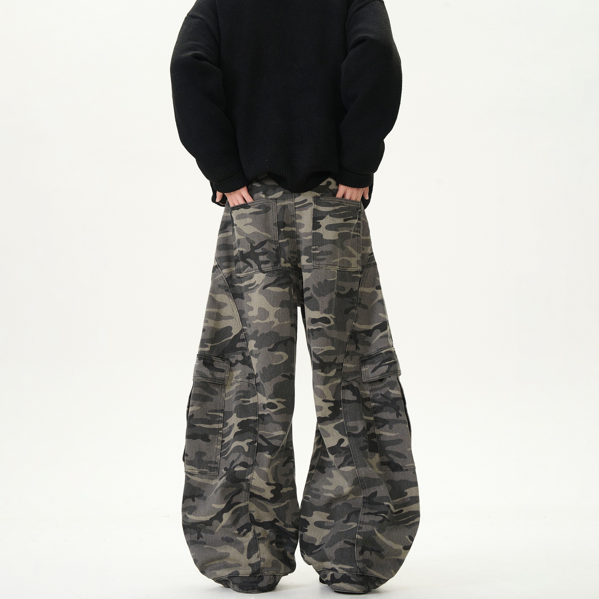 Unisex vintage militaire camouflage cargobroek met wijde pijpen, omkeerbaar ontwerp en functionele zakken, maten S-3XL_voghion.com