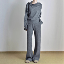 灰色高腰针织阔腿裤女秋冬加厚2025新款松紧腰软糯百搭针织休闲裤
