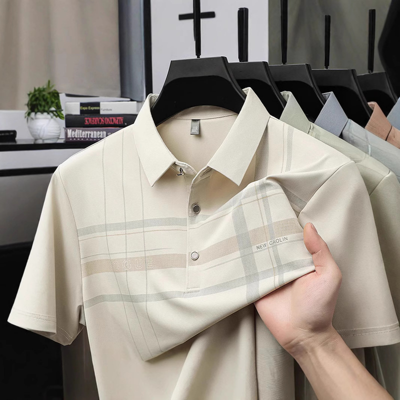 Summer Ice Silk Short-Sleeved T-Shirt for Middle-Aged Men with Collar, Casual Plaid Polo Shirt, Top for Middle-Aged and Elderly Dads