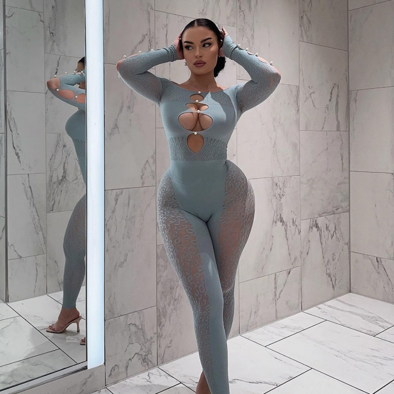 Hot-selling European and American best-selling Amazon influencer's new leopard print sexy jacquard bodysuit with pearl mesh