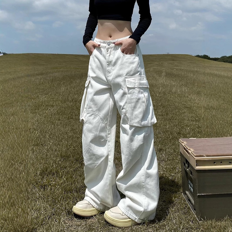 American Style Retro Pleated White Multi-Pocket Crane Pants for Men and Women New All-Match High Street Loose Slimming Straight Pants