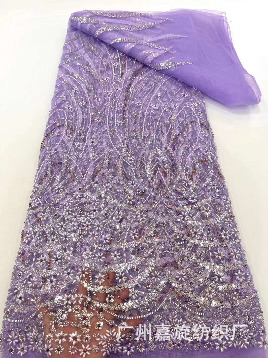 Vestido de novia francés industria pesada arroz cuentas lentejuelas encaje tela nupcial lentejuelas encaje tela J4003