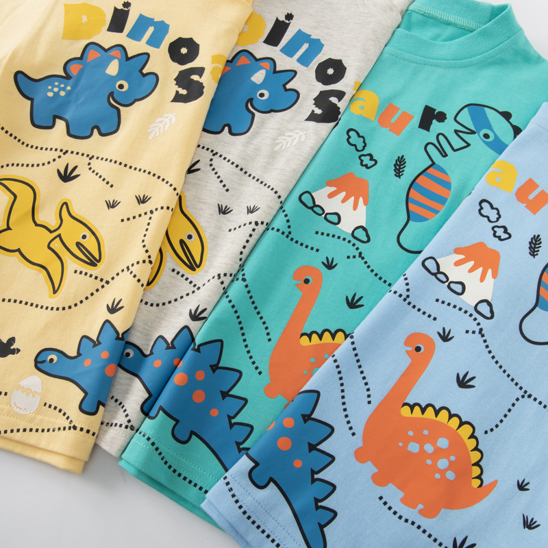 Betop ropa infantil transfronteriza niños dibujos animados coreanos bebé dinosaurio camiseta de manga corta niño verano cuello redondo cabello de una pieza