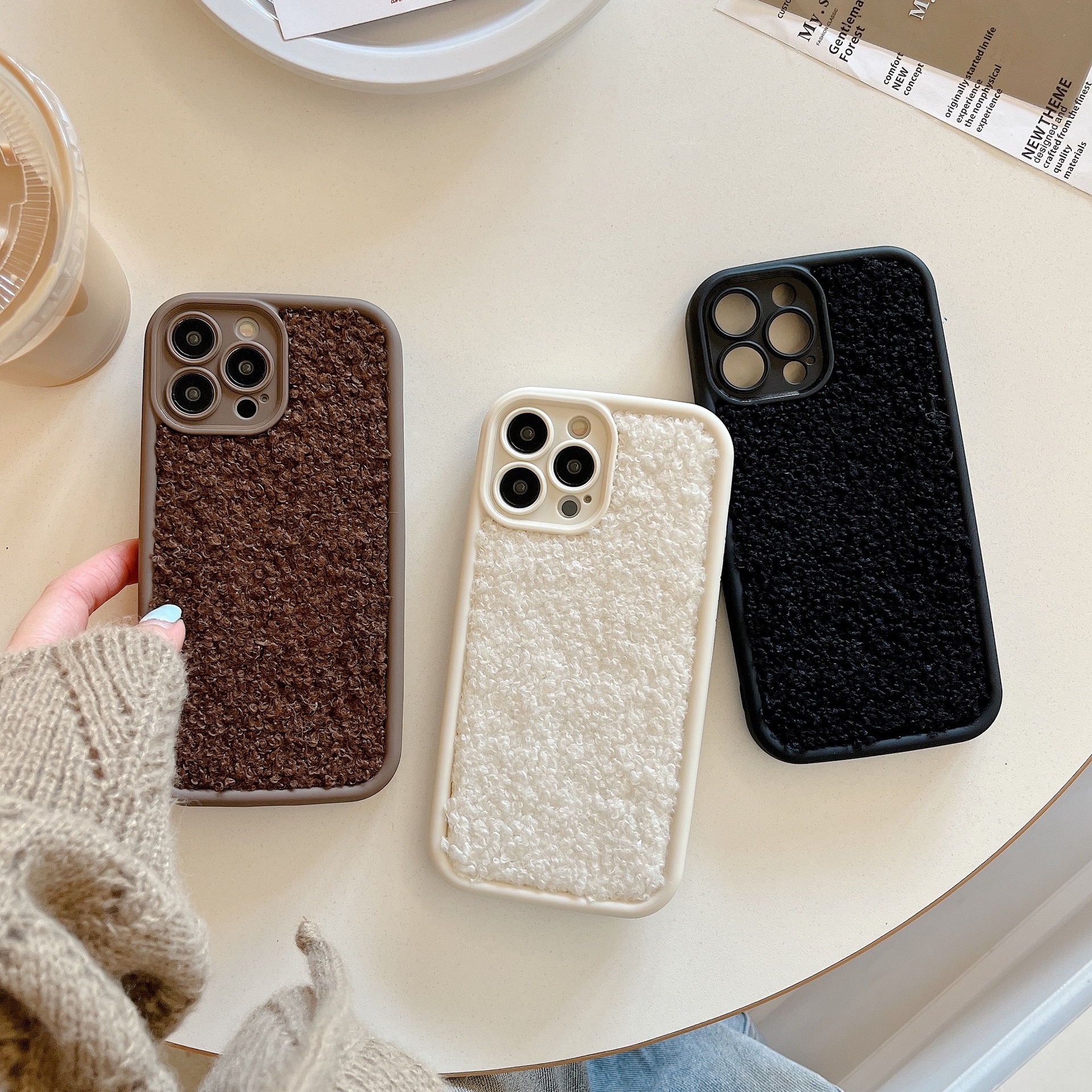 Autumn and winter teddy bear plush mobile phone case for apple 13 red rice NOTE12 PRO-5G solid color all-inclusive high