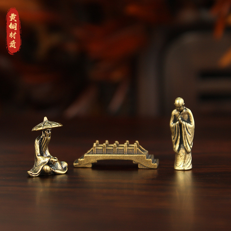 Brass Fisherman Jiang Taigong Fishing Fisherman Small Bridge Monk Landscaping Micro Landscape Copper Ornaments Mini Fish Tank Decoration