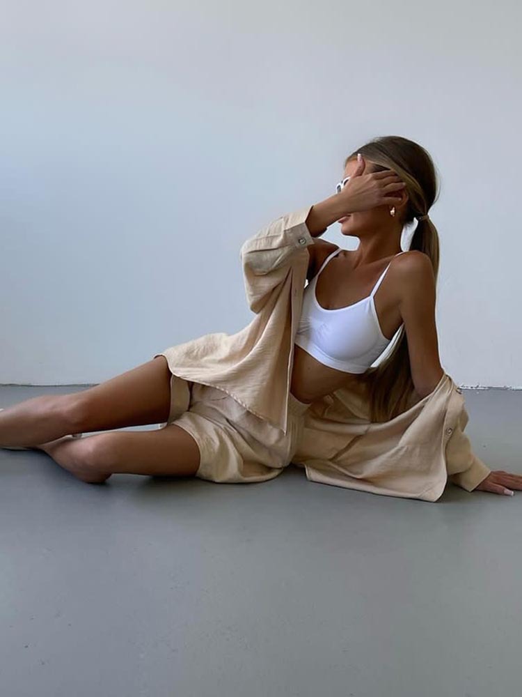 Women's Casual Solid Colour Long Sleeve Loose Sports Shorts Set_voghion.com