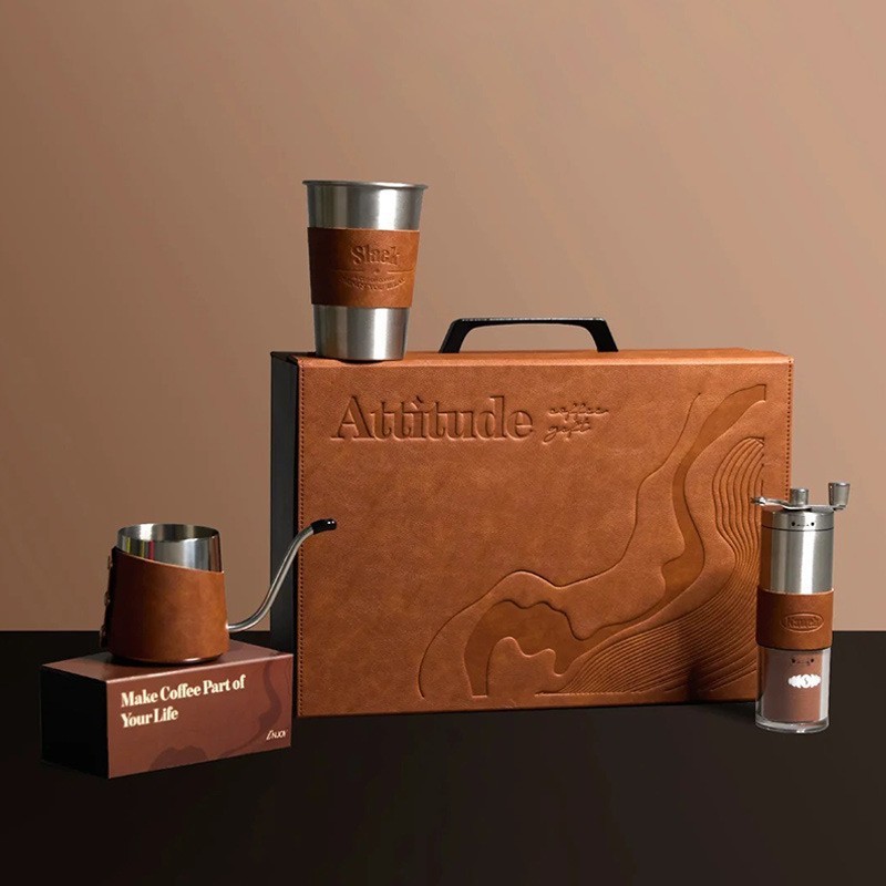 Dropshipping Manual Coffee Grinder, Holiday Gift for Clients, Hand-Brewed Coffee Pot Set, High-End Leather Coffee Cup