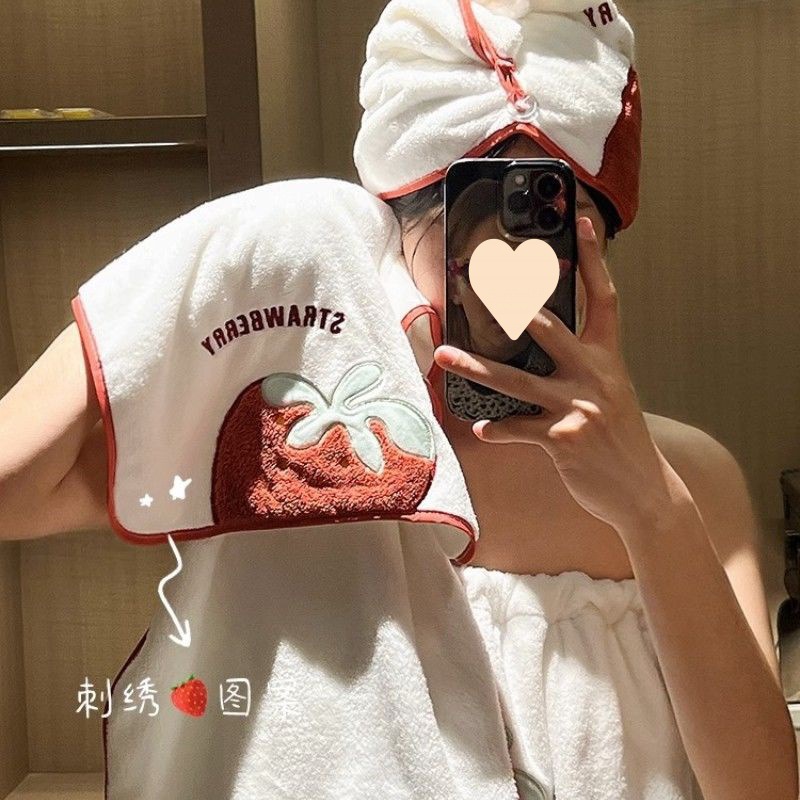 랩 래즈베리 목욕 타월 헤어 건조 모자 목욕 스커트 2024 새로운 여름 여성의 물 흡수성 빠른 건조 목욕 가운 3 피스 세트 착용