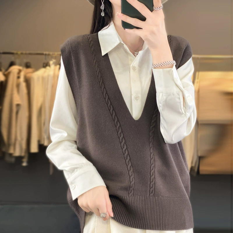 Оптовая фабрика 2024 новый набор с висячими V-образными воротами без рукавов жилет женский теплый отдых свободный трикотажный плечо