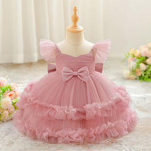 Wholesale In-Stock Children's First Birthday Dress with Small Flutter Sleeves, Tulle Cake Skirt, Bean Paste Pink Princess Dress, Girl Dress