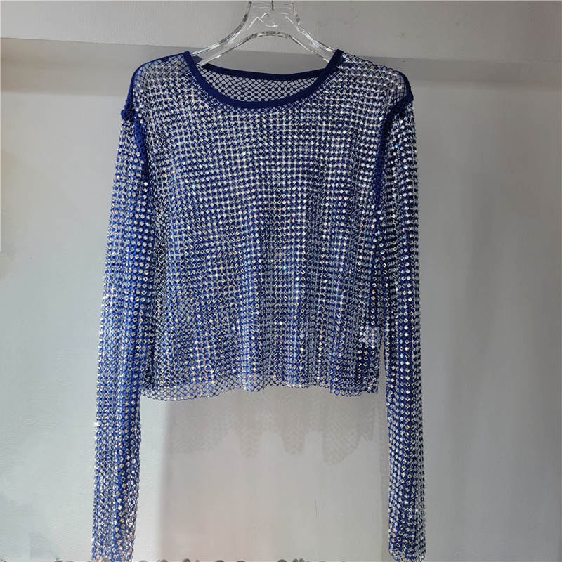 Luz de lujo de alto nivel suave chaqueta de cristal de diamante de malla super celestial dentro de la fiesta bling brillante camiseta de base vaciada