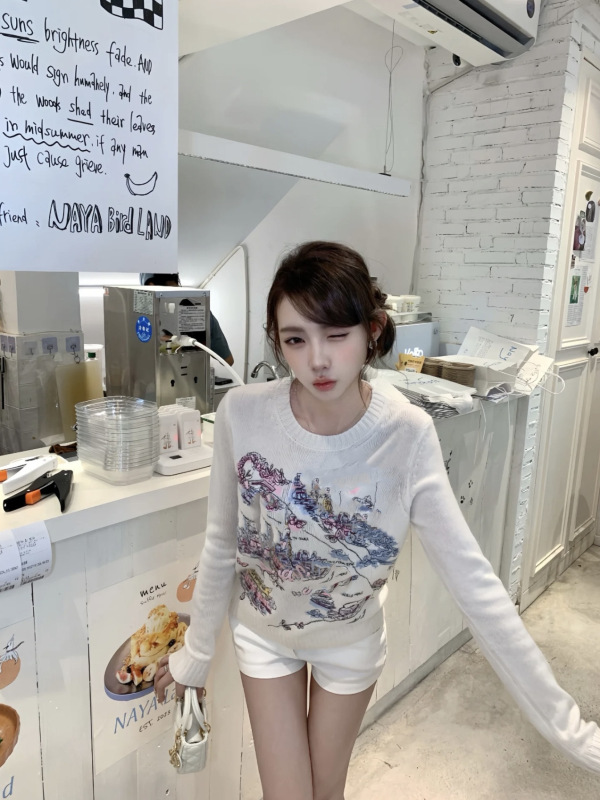 2025年夏季新款D家南油工厂温柔少女圆领刺绣长袖圆领套头针织衫|undefined