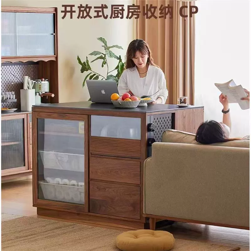 日式黑胡桃木岛台吧台料理台黑胡桃岩板厨房客厅收纳餐边柜中岛