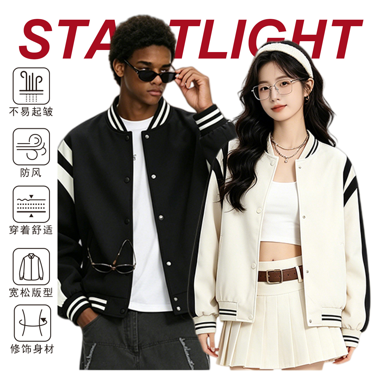 Starlet striped baseball jacket for men, autumn American retro patchwork color-blocked coat, women's loose casual jacket