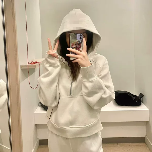 Foreign Trade Branded Scuba Hooded Half-Zip Sweatshirt Lulu Yoga Wear Thin Fleece Long-Sleeve Women's Short Loose Fit Mixed Batch