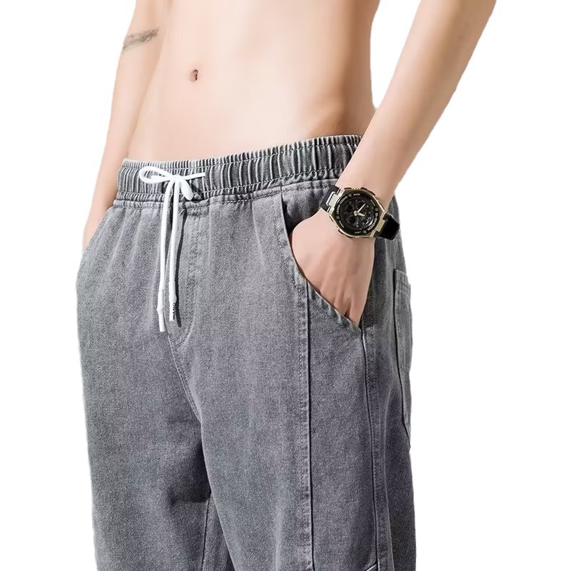 Moda verano mezclilla tendencia de los hombres sueltos rectos tallas grandes pantalones recortados marca de moda de los hombres pantalones medios de 7 puntos estilo fino de verano